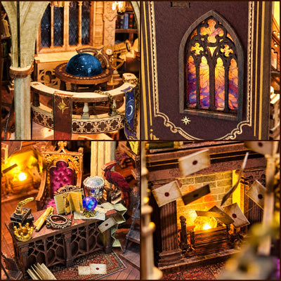 Detailcollage mit Himmelskugel, Spitzbogenfenster, Schreibtisch und Kamin