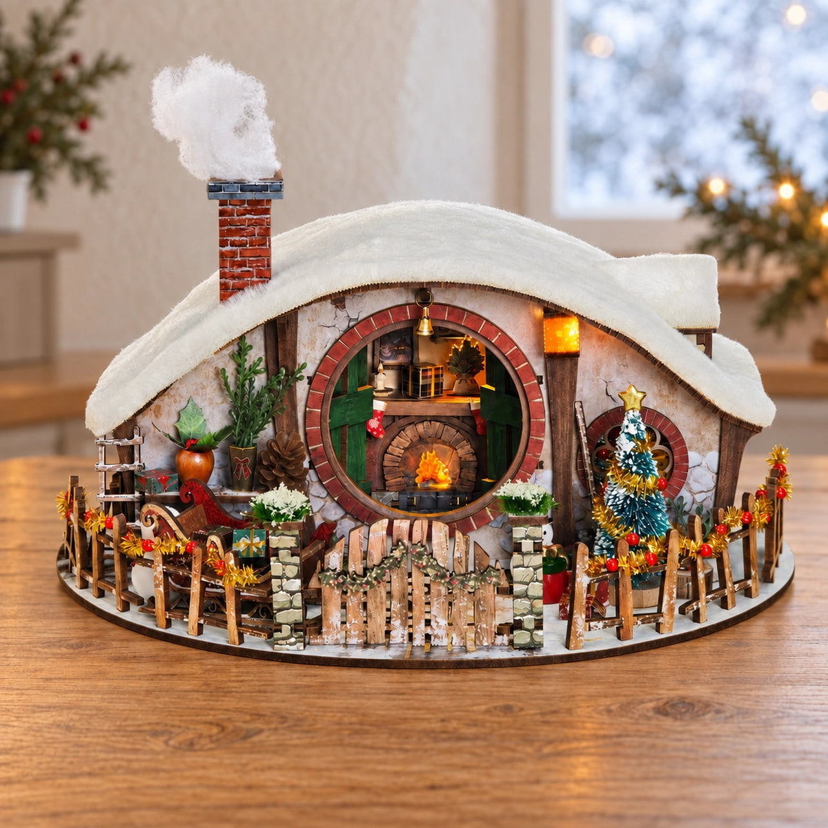 Vista frontale di Magic Ring Snow House con camino visibile