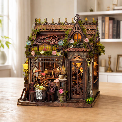 Mocha Diary displayed as a miniature café on a bookshelf