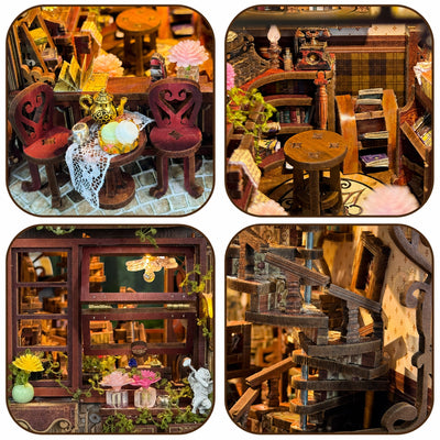 Details of the table, café shelves and spiral staircase