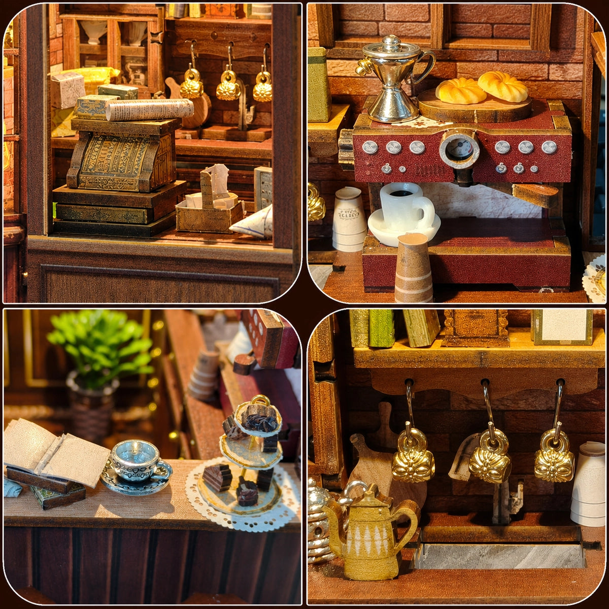 Detailcollage mit Registrierkasse, Kaffeemaschine, Lesetresen und goldfarbenen Tassen