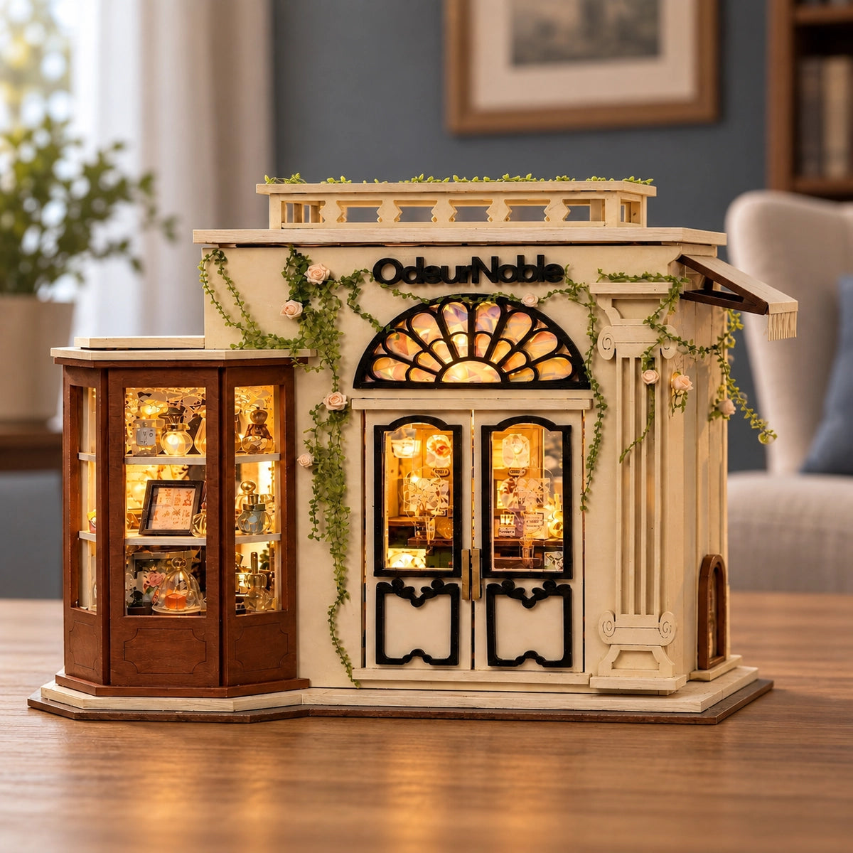 Noble Fragrance Boutique mit heller Fassade und beleuchteter Flakon-Auslage