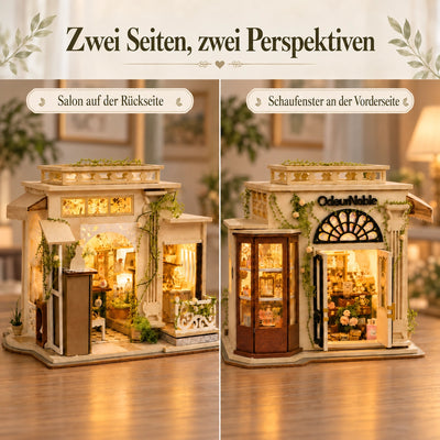 Vorder- und Rückansicht der Boutique mit deutschen Beschriftungen