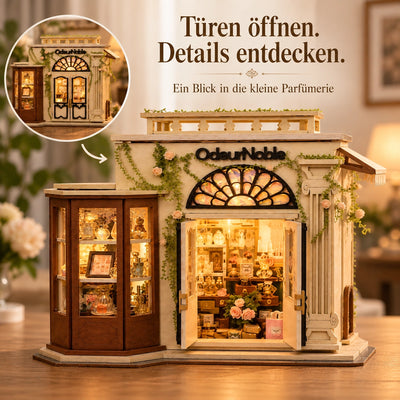 Öffnende Türen der Miniatur-Parfümerie mit deutschem Bildtext