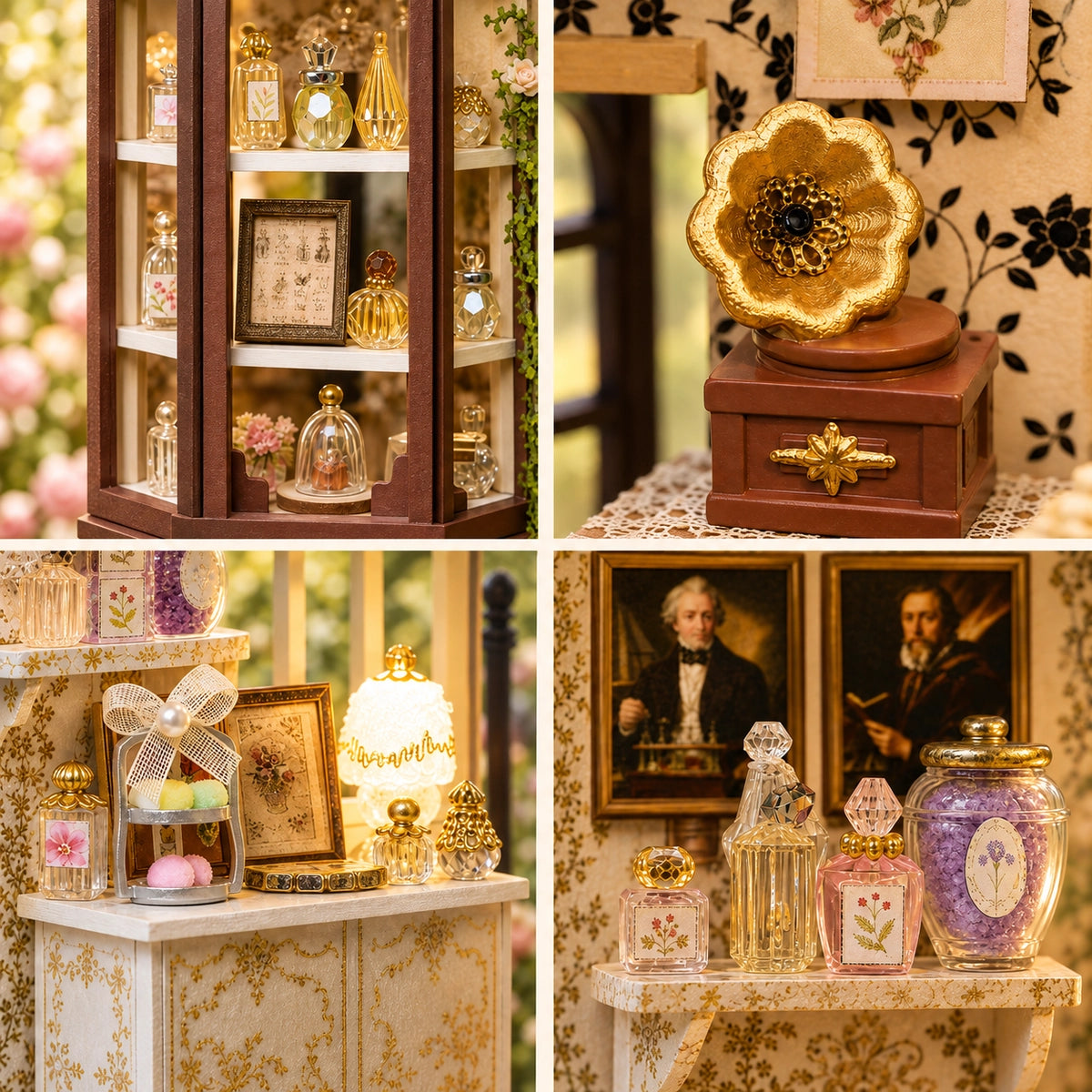 Detailcollage mit Flakons, Grammophon, Theke und Dekoration
