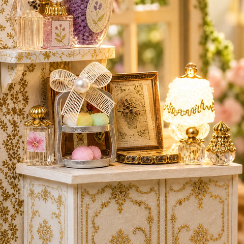 Fläschchen und Tischlampe auf der floral verzierten Theke