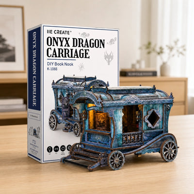 Onyx Dragon Carriage 3D-Holzpuzzle neben der illustrierten Verpackung