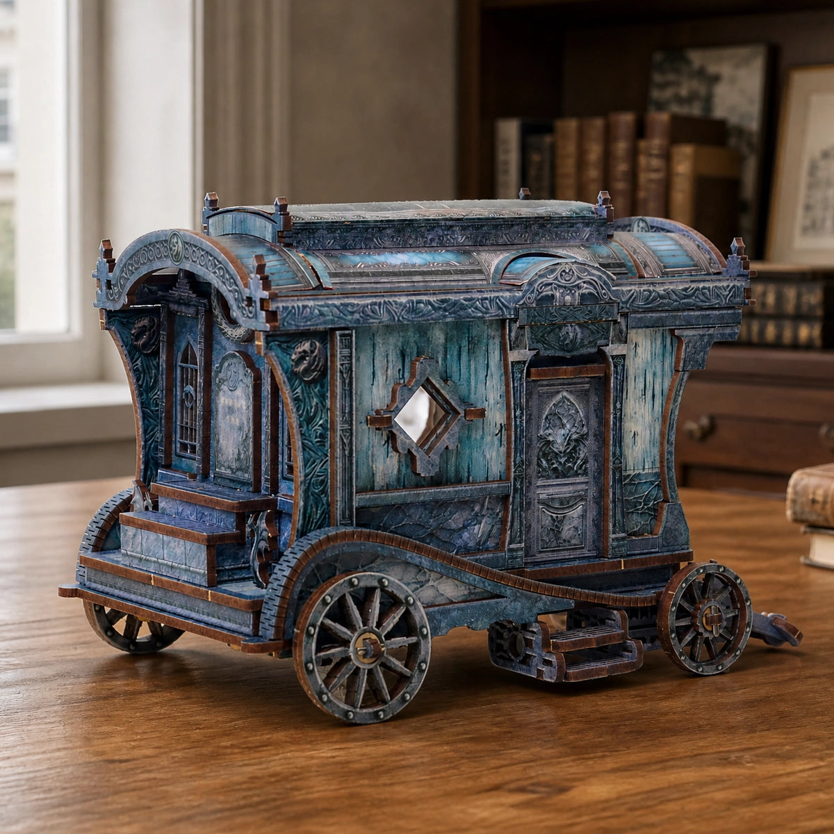 Rückansicht der blau-bronzefarbenen Drachenkutsche mit gotischen Ornamenten