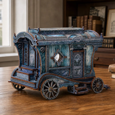 Rückansicht der blau-bronzefarbenen Drachenkutsche mit gotischen Ornamenten