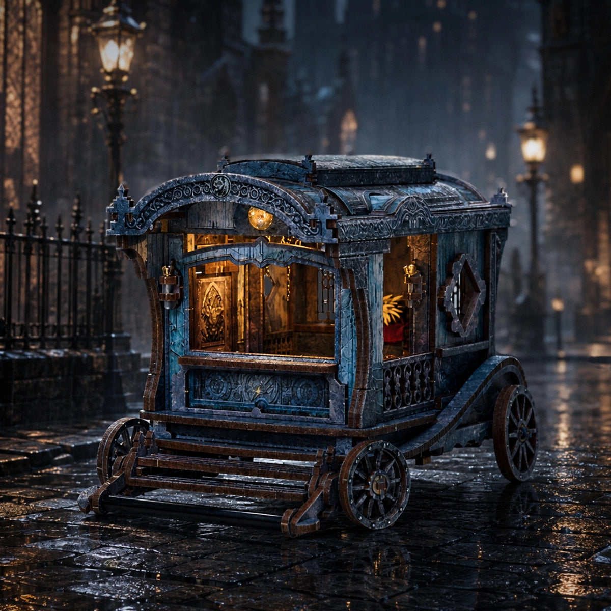 Frontansicht der Onyx Dragon Carriage bei nächtlichem Licht