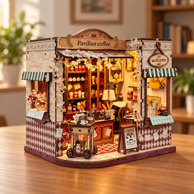 Miniatur-Café mit Rautenmuster und gestreiften Markisen