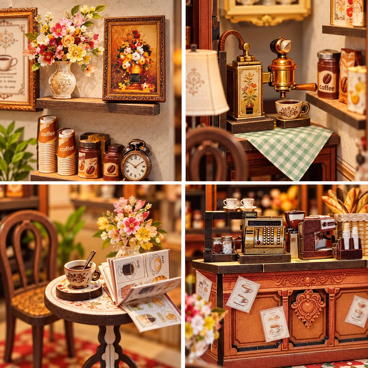 Detailübersicht mit Wanddekoration, Kaffeeplatz, Tisch und Theke