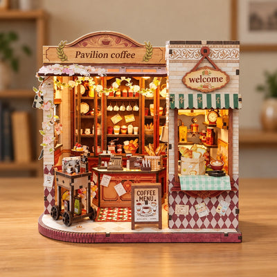 Gerade Vorderansicht des offenen Miniatur-Cafés