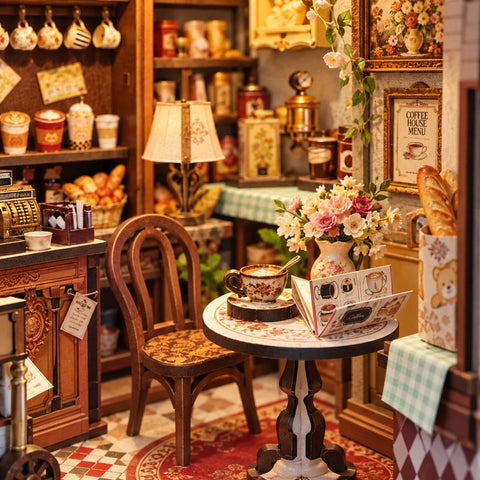 Detail des Bistrotisches mit Karte und Blumen