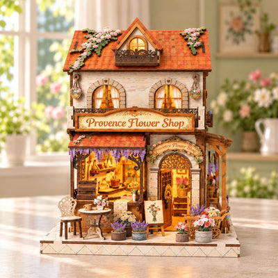 Vue de face du fleuriste miniature avec table et pots
