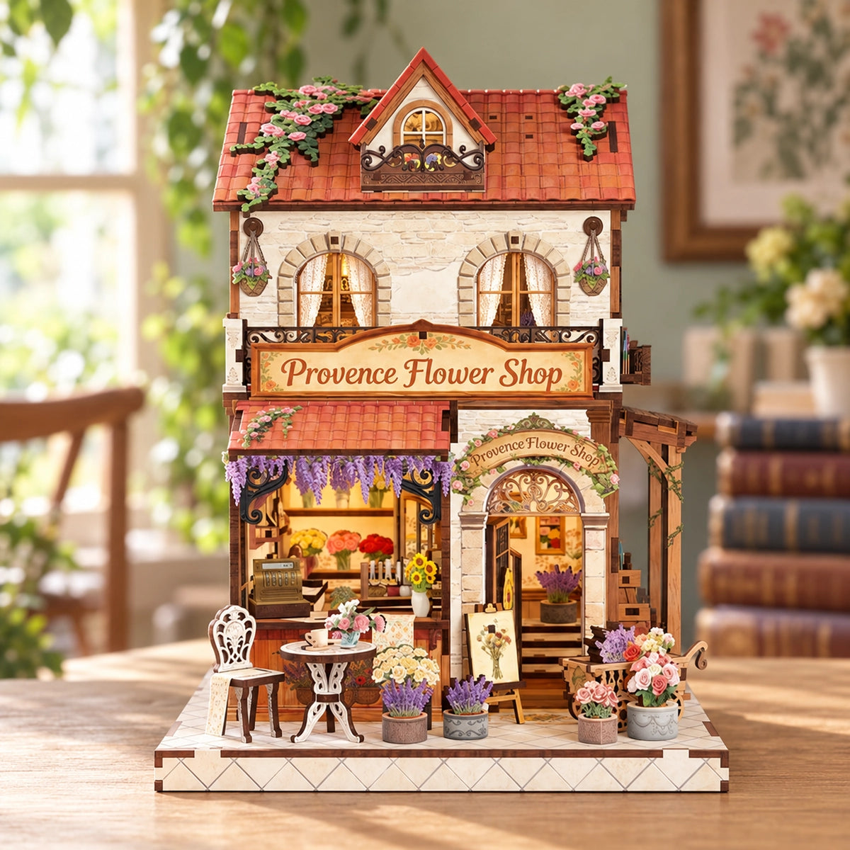 Boutique de fleuriste miniature à l'étal éclairé