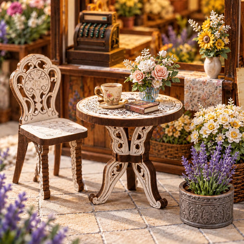 Runder Tisch mit Tasse, Buch und Blumen vor dem Laden