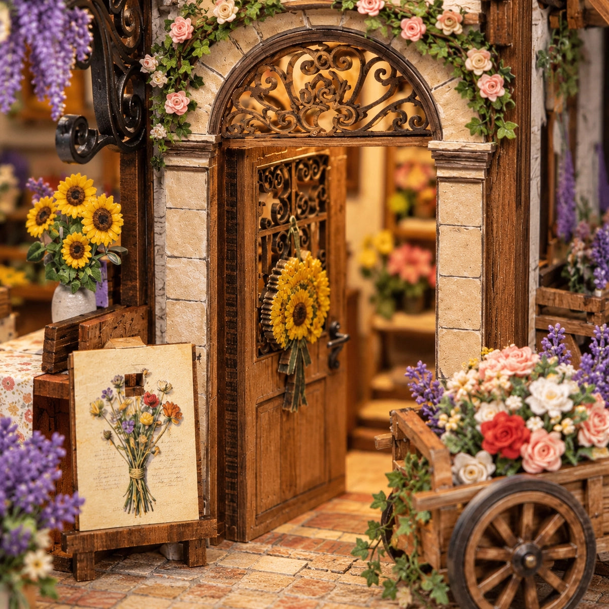 Entrée ouvragée avec couronne de tournesols et charrette fleurie