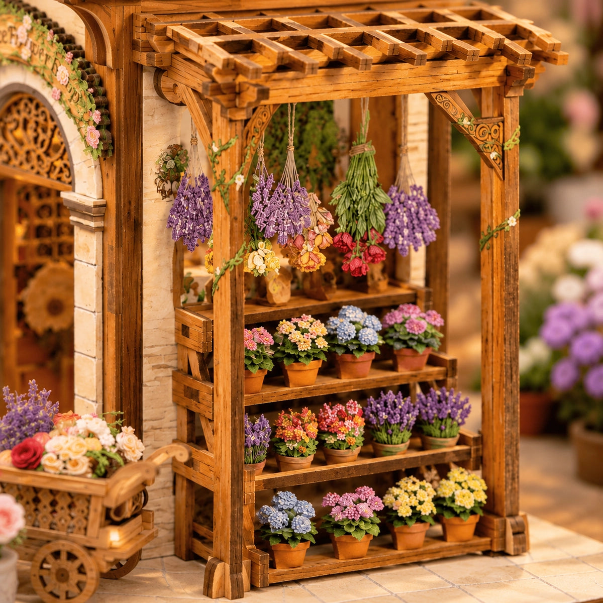 Étagère de plantes sous une pergola aux bouquets suspendus