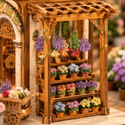 Étagère de plantes sous une pergola aux bouquets suspendus