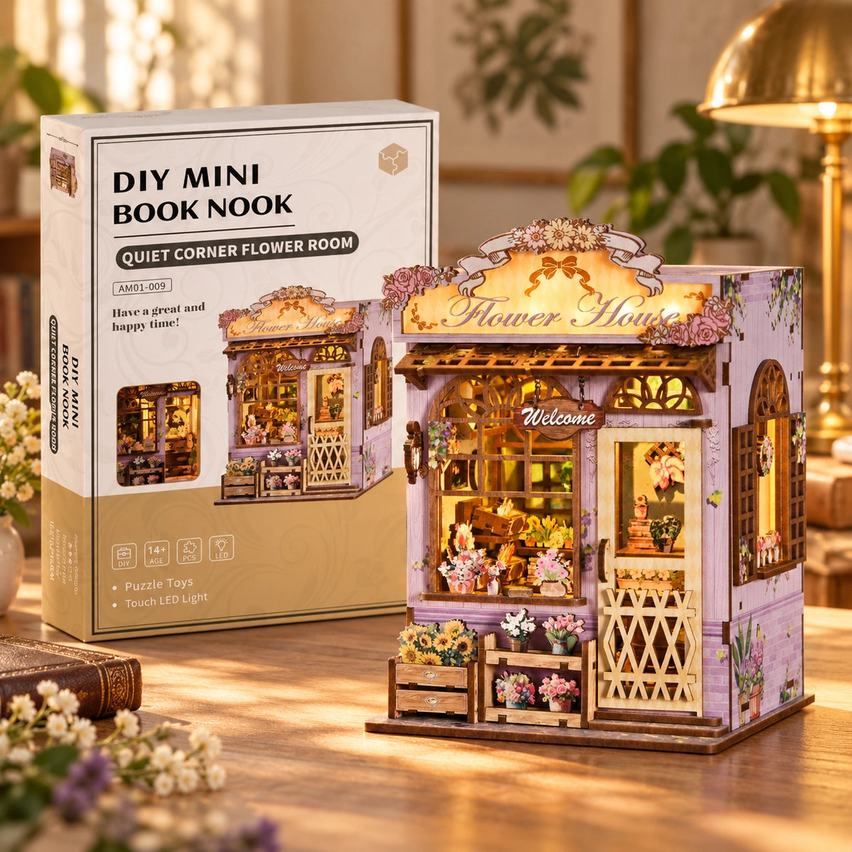 Quiet Corner Flower House – Miniatur-Blumenladen neben der Produktverpackung