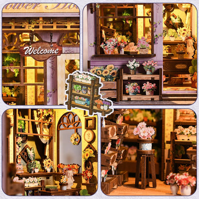 Quiet Corner Flower House – Collage von Fenster, Blumenauslage und Innenraum