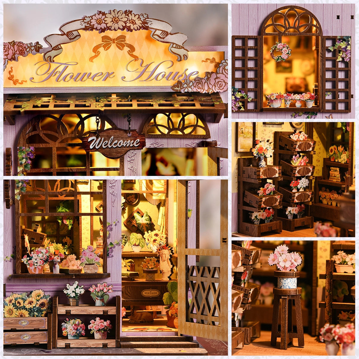 Quiet Corner Flower House – Collage der Fassade und der floralen Ladendetails