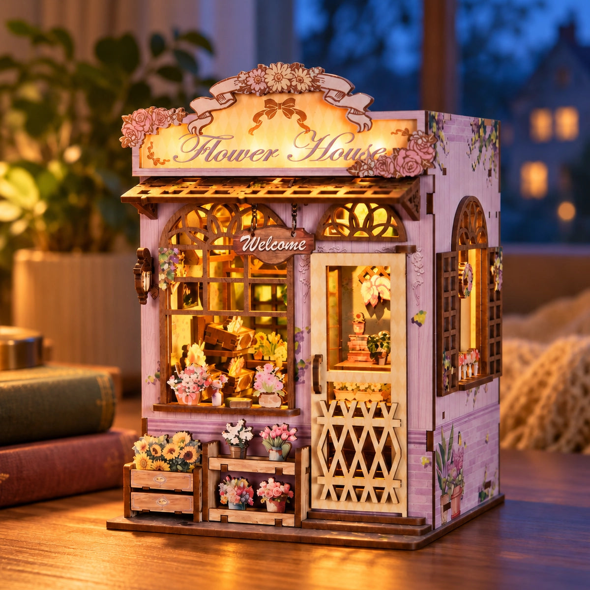Quiet Corner Flower House – Beleuchteter Blumenladen in einer abendlichen Fotokulisse