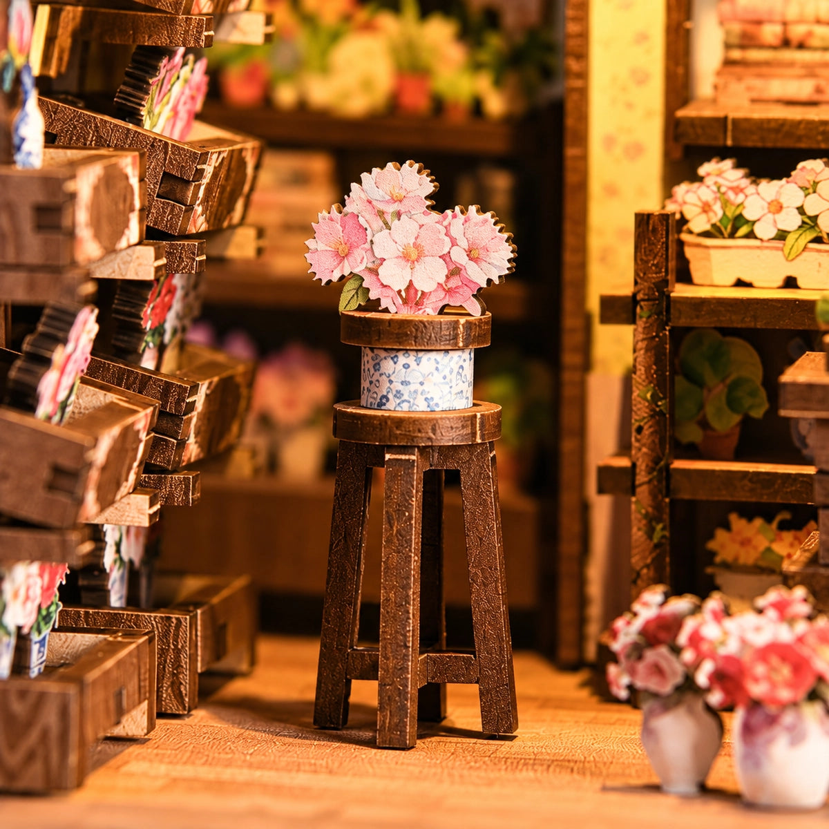 Quiet Corner Flower House – Rosafarbener Strauß auf einem Holzständer
