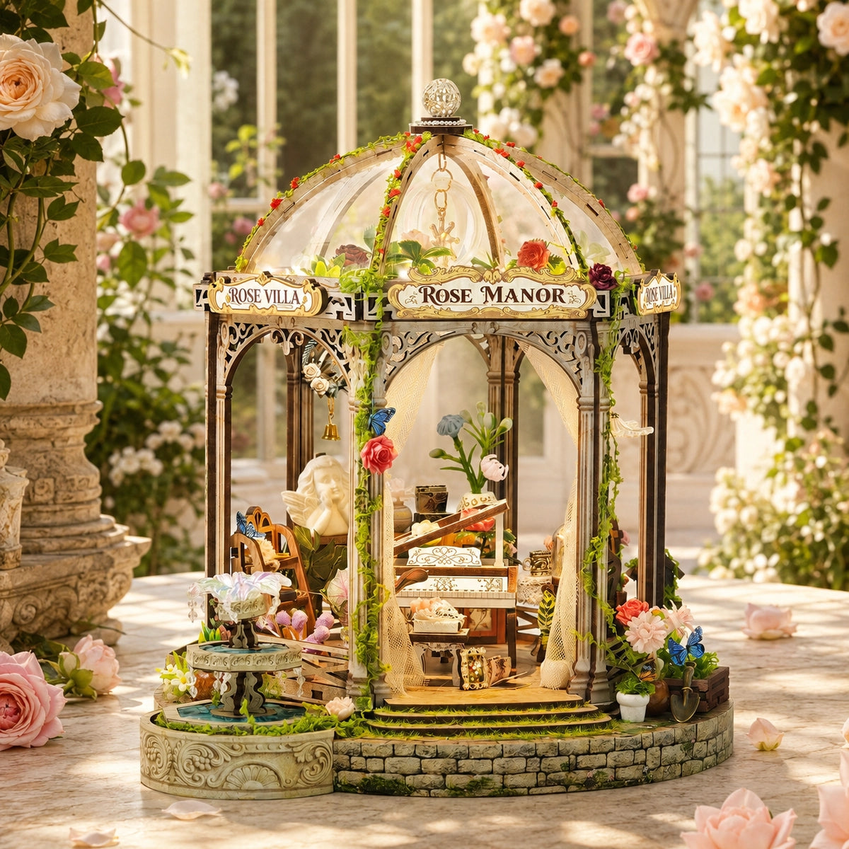 Casa in miniatura Rose Manor con padiglione aperto, pianoforte e fontana