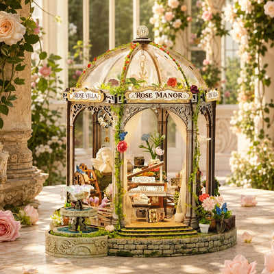Casa in miniatura Rose Manor con padiglione aperto, pianoforte e fontana