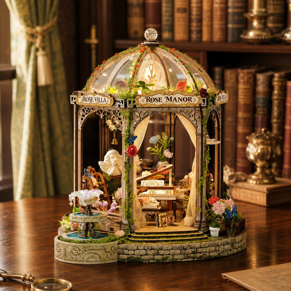 Rose Manor come romantico padiglione da giardino davanti a una libreria