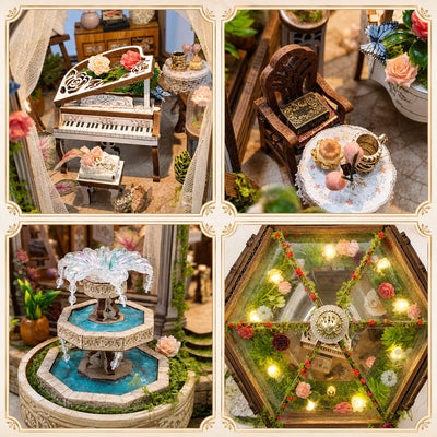 Pianoforte, sedia da giardino, fontana e cupola illuminata in Rose Manor