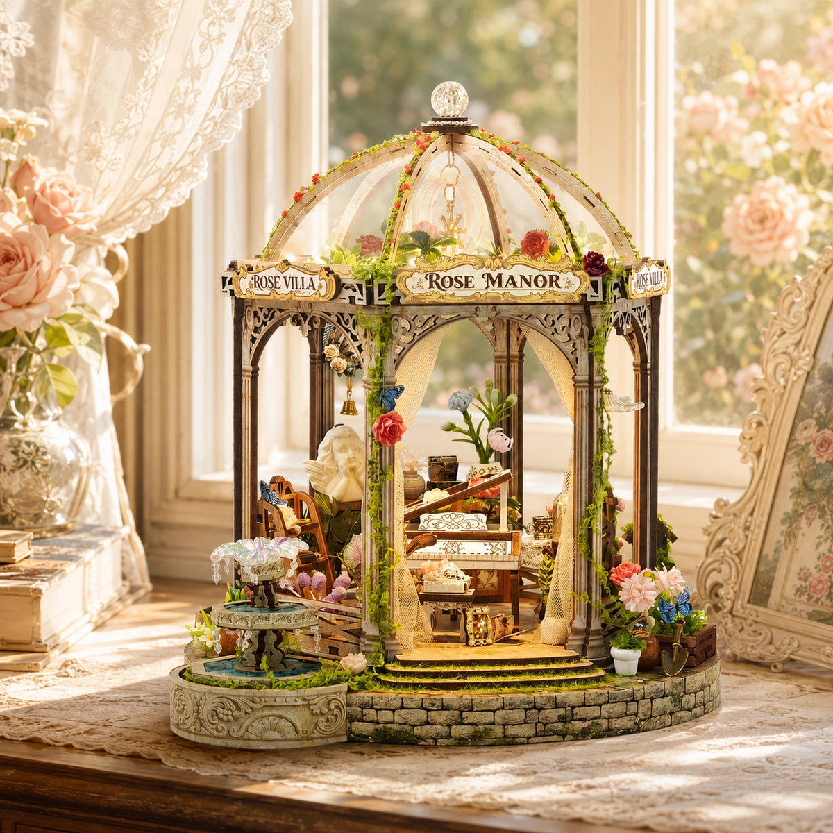 Padiglione Rose Manor illuminato accanto a una finestra luminosa