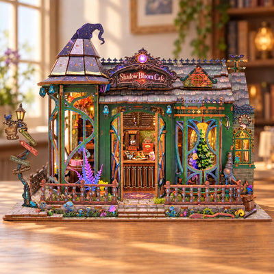 Shadow Bloom Cafe mit grünen Bögen, violetten Dächern und warmem Licht