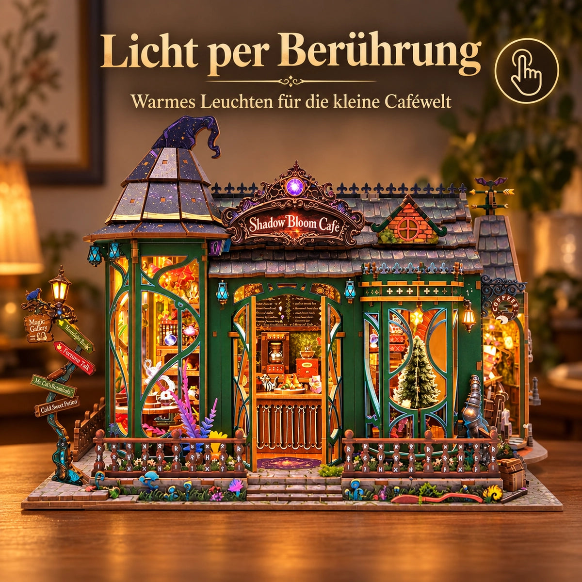 Touch-Licht-Darstellung des Shadow Bloom Cafe mit deutschem Bildtext