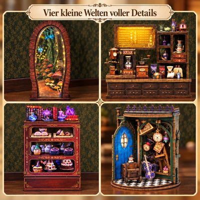 Detailcollage mit Waldspiegel, Kaffeetheke, Süßigkeiten und Seitenkammer
