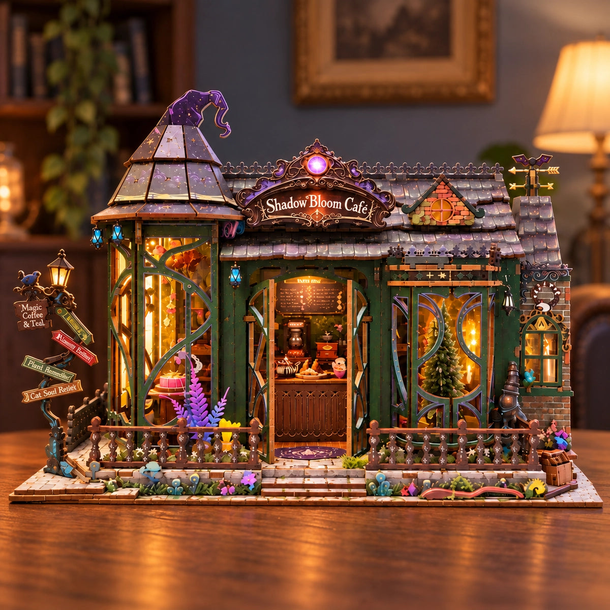 Frontansicht des beleuchteten Shadow Bloom Cafe