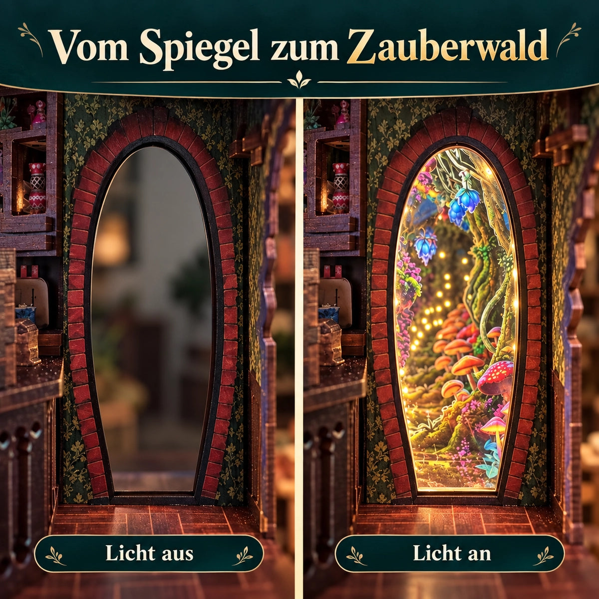 Spiegelfläche bei ausgeschaltetem und Waldszene bei eingeschaltetem Licht