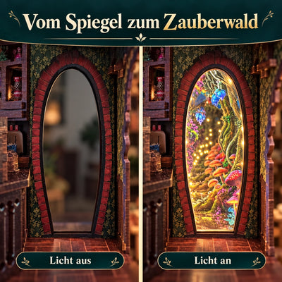 Spiegelfläche bei ausgeschaltetem und Waldszene bei eingeschaltetem Licht