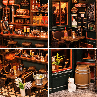 Details von Bar, Fenstertisch und Katze im Shamrock & Harp Pub