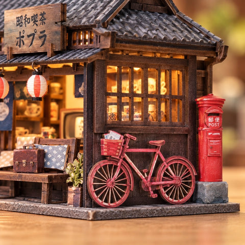 Rotes Fahrrad und Briefkasten vor dem Teehaus.