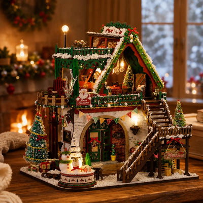 Snowy Christmas Lodge als beleuchtetes Weihnachts-Miniaturhaus im verschneiten Wohnzimmer