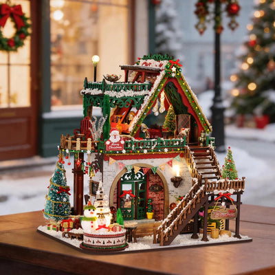 Snowy Christmas Lodge mit zwei offenen Wohnebenen und Außentreppe