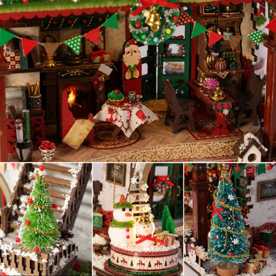 Detailansichten von Kaminzimmer, Weihnachtsbäumen und Schneemann-Spieluhr