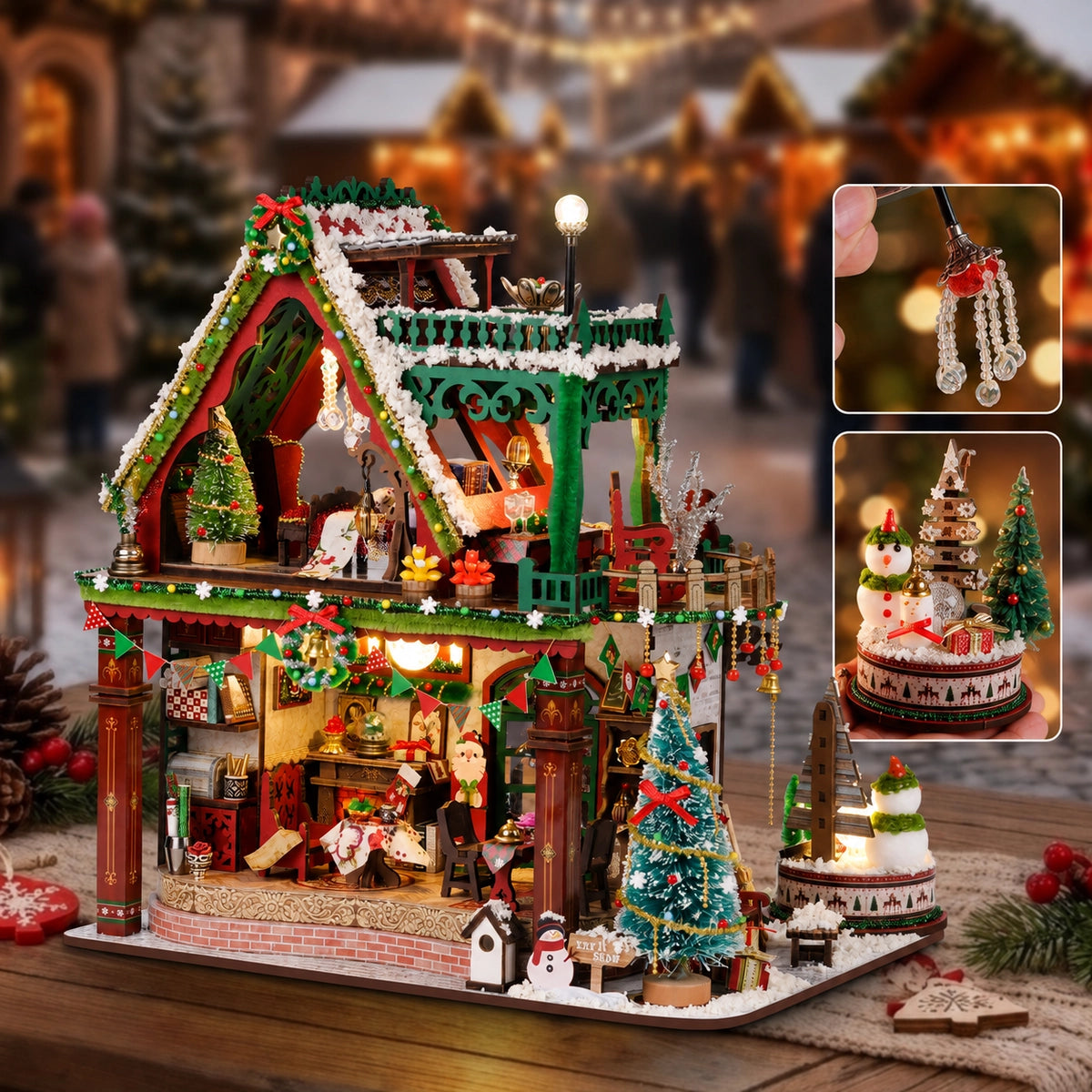 Rückansicht der Weihnachts-Lodge mit Wohnräumen und integrierter Schneemann-Spieluhr