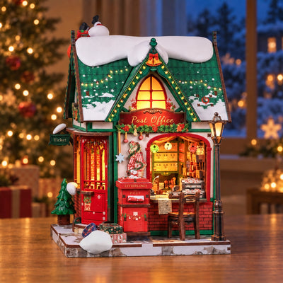 Ufficio postale in miniatura illuminato di sera