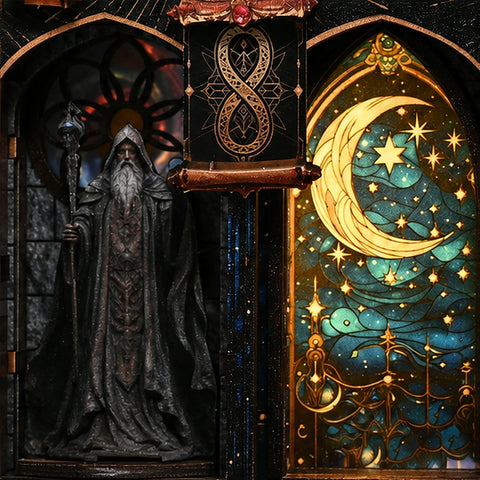 Magierfigur mit Stab neben einem leuchtenden Mond-und-Sterne-Fenster