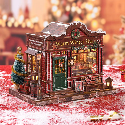 Winterliche Miniaturbar mit Bank vor der Fensterfront