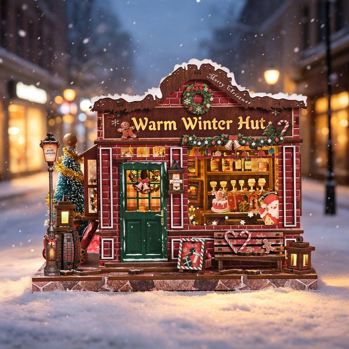 Warm Winter Hut als beleuchtete Bar in einer winterlichen Straßenszene